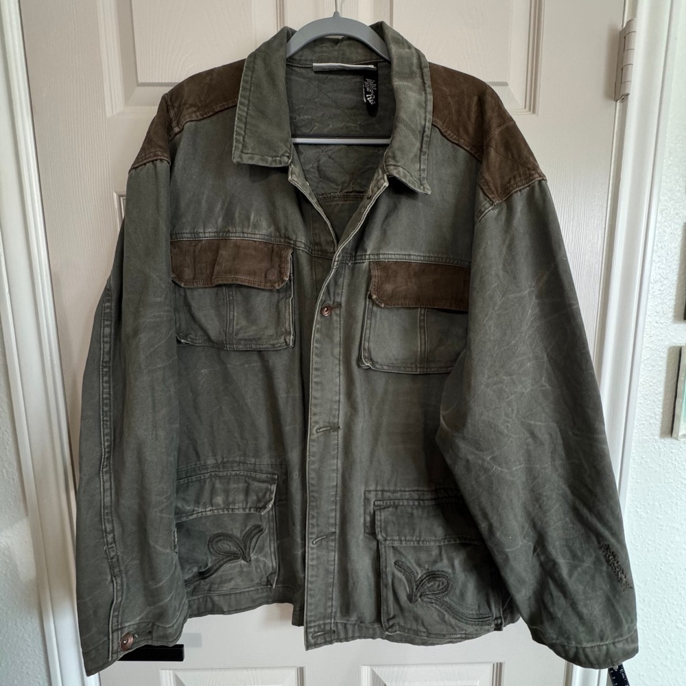 Rocawear Mens 3XL Olive Green Canvas Field Jacket Corduroy Trim Streetwear Coat